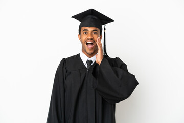 African American university graduate man over isolated white background with surprise and shocked facial expression