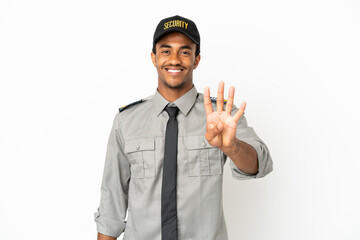 African American safeguard over isolated white background happy and counting four with fingers