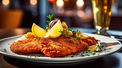 Vienna schnitzel with a side dish at a restaurant, traditional Austrian cuisine - obrazy, fototapety, plakaty