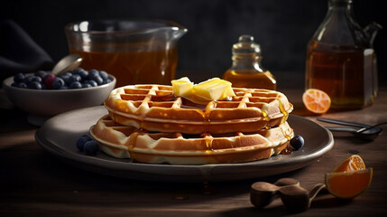Morning breakfast, freshly backed waffles, maple syrup and butter. Generative AI