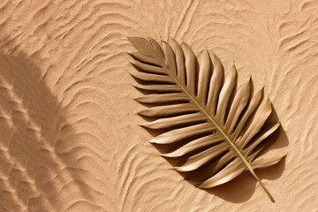 Fototapeta na wymiar Golden leaf on the background of sand. Summer concept. Copy space. Generative AI