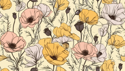 Minimal bright abstract poppy flowers pattern, pastel watercolor flowers. Collage contemporary print. Fashionable template for design.