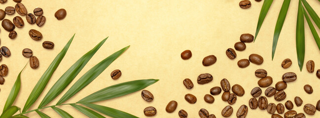 Coffee banner suitable for caffeine and coffee producers. Flat lay with natural coffee beans and...