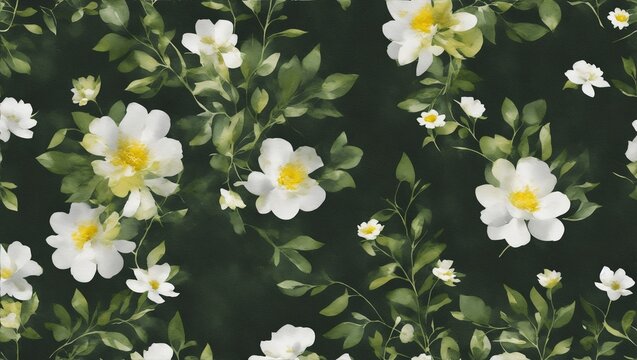 Fototapeta White flowers, chamomile, gold leaves, green branches composition on black background. Wrappers, wallpapers, postcards, greeting cards, wedding invitations, generative ai