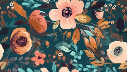 Tuinposter Painted wedding Florals pattern. Hand drawn bright abstract flowers and leaves print. Cute modern cartoon style pattern. Fashionable template for design © Eli Berr