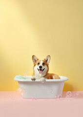 Cute Pembroke Welsh Corgi dog in a small bathtub with soap foam and bubbles, cute pastel colors.