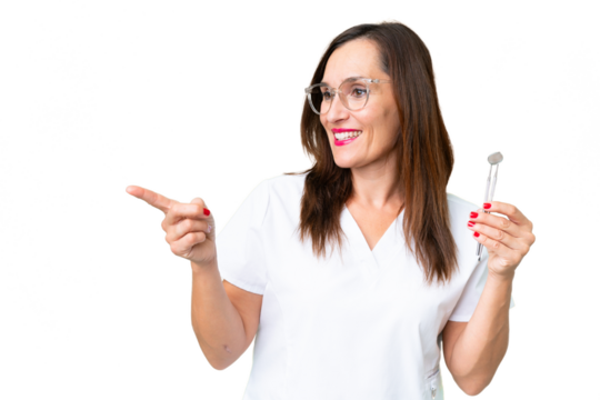 Dentist caucasian woman over isolated chroma key background pointing finger to the side and presenting a product - Powered by Adobe