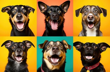 Collage of multiple headshot photos of dogs on a multicolored background of a multitude of different bright colors, shop banner - obrazy, fototapety, plakaty
