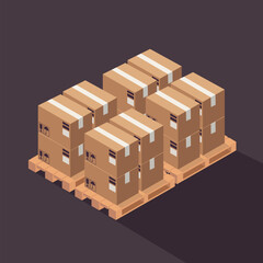 Warehouse isometric icon with four cardboard boxes on pallet vector illustration