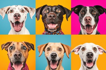 Fototapeta premium Collage of multiple headshot photos of dogs on a multicolored background of a multitude of different bright colors, shop banner