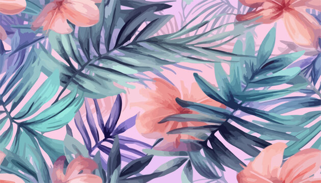 Pastel pink watercolor tropical palm leaves and flowers. Exotic conceptual abstract botanical print. Creative collage contemporary seamless pattern. Fashionable template for design