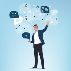 Fototapeta na wymiar Leader. Visualization of an entrepreneur who organizes ideas and thoughts virtually in his mind. Business vector illustration