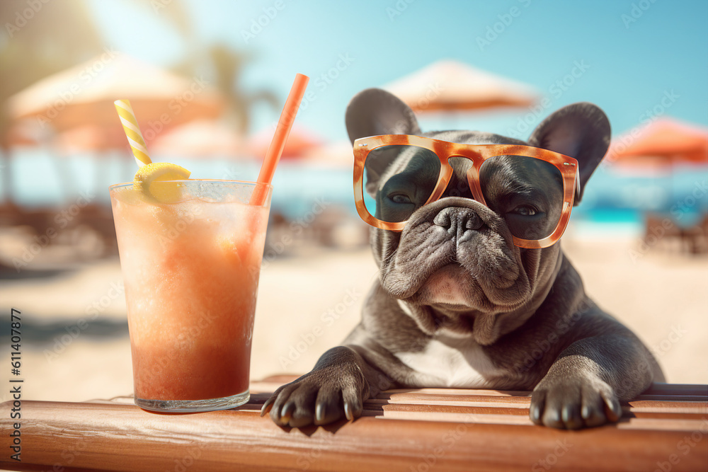 Wall mural Photo portrait of a realistic happy french bulldog sitting in a beach cafe with a fresh cocktail on summer vacation, relax vibe concept. Generative Ai