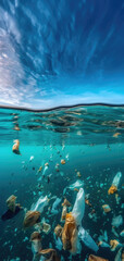 Plastic bags littering the ocean are floating in the under water. An underwater view floating trash.