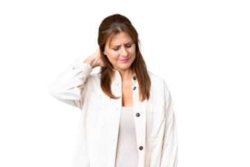 Middle age woman over isolated background with neckache