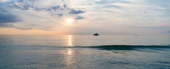 panoramic sky in summer vacation skyscape with ship on horizon