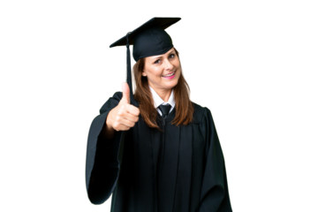 Middle age university graduate woman over isolated background with thumbs up because something good has happened