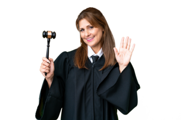 Judge caucasian woman over isolated background saluting with hand with happy expression