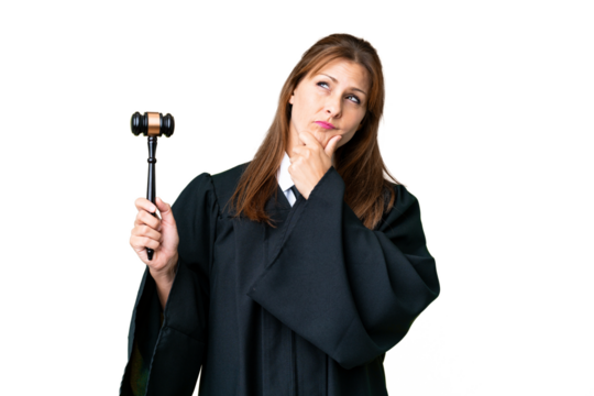 Judge caucasian woman over isolated background having doubts