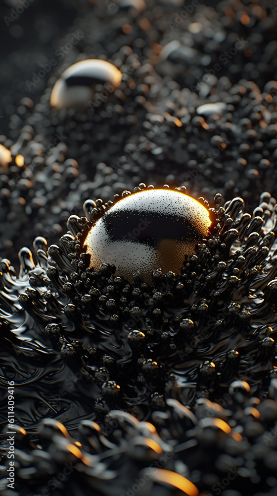 Poster a close up of a ball of soap on a bed of water. generative ai. freeform ferrofluid texture.