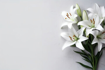 Fototapeta na wymiar White lily flowers sitting on top of a table. Generative AI. Copy space, place for text, copyspace.
