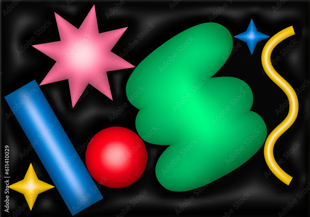 Poster bright abstract y2k style 3d colorful geometric shapes on black background. vector memphis futuristi