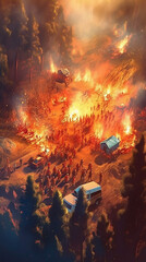 Fototapeta na wymiar Experience the heroic efforts of firefighters as they battle raging fires from a unique drone perspective in captivating illustrations. Witness their bravery and dedication in this visually stunning c