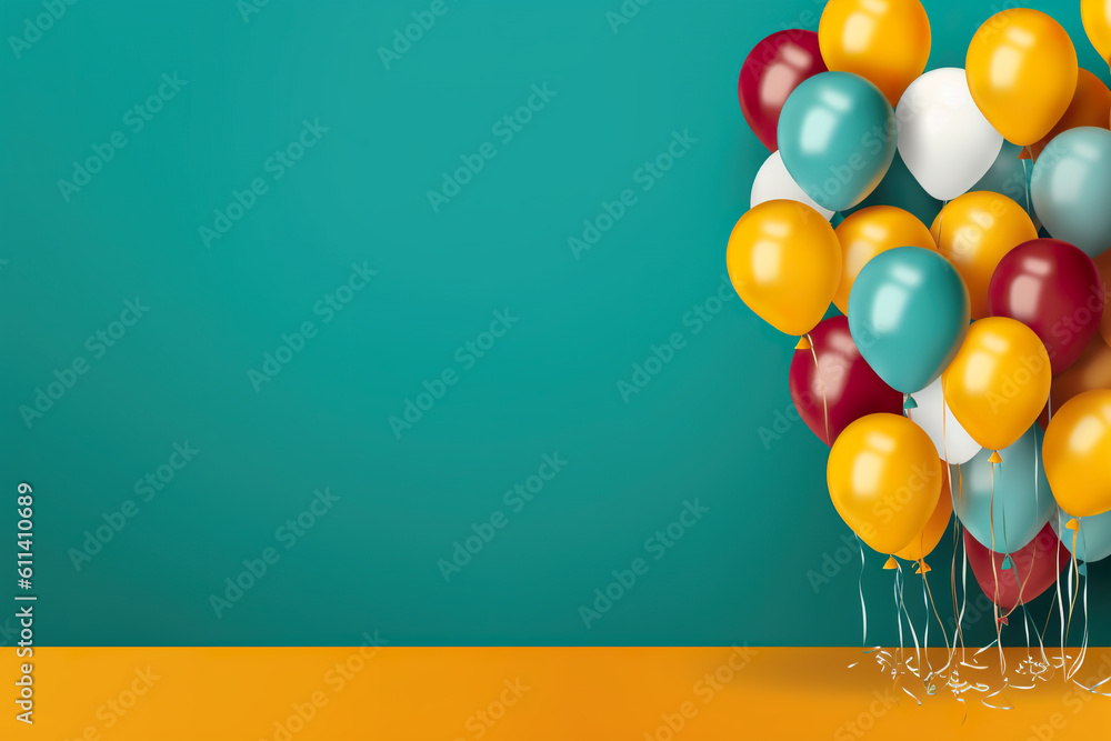 Poster a bunch of colorful balloons floating in the air. generative ai. copy space, place for text, copyspa
