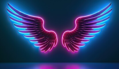 Fototapeta na wymiar Neon angel wings with pink blue lights, abstract minimalist geometric background, UV spectrum, Cyberspace, futuristic wallpaper 