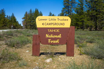 Lower Litte Truckee Campground wood sign in the Tahoe National Forest, Sierra Nevada of California