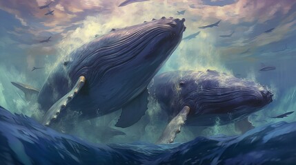 Grandeur of Magnificent Whales Breaching the Surface of the Sea