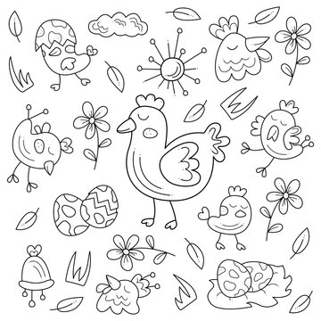 Big set with chickens. Doodle white and black illustration.