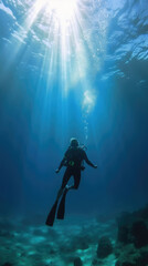 a  scuba diver underwater with sun above sea. .