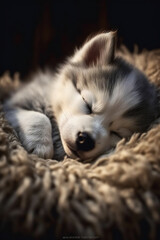 Siberian husky puppy sleeping on a soft blanket