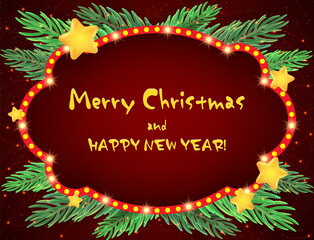 Christmas and New Year vector red background with sparkle shining banner, fir tree branches and stars
