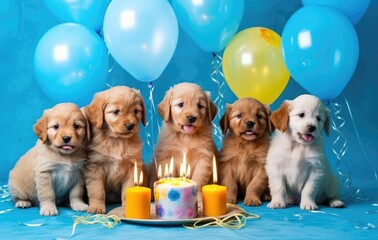Adorable team of birthday pets of different breeds, Little puppies at Birthday, Cake with candles