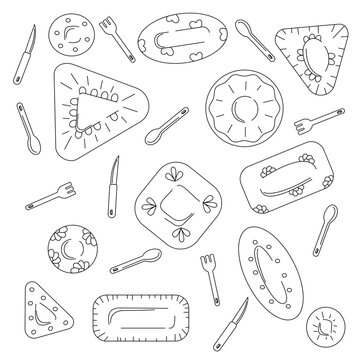 A set of different types and shapes of plates and cutlery. Doodle black and white vector illustration.