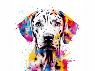 colorful dog on white background. cute dog painted with multicolored paint. Created with generative AI