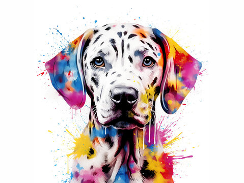 colorful dog on white background. cute dog painted with multicolored paint. Created with generative AI
