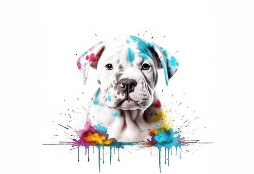 colorful puppy on white background. pet, dog, cute dog painted with multicolored paint. Created with generative AI