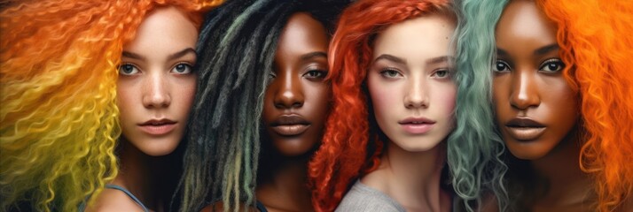 Obraz premium Multiracial young women with colorful hair, Rainbow colors hairstyle, Generative AI