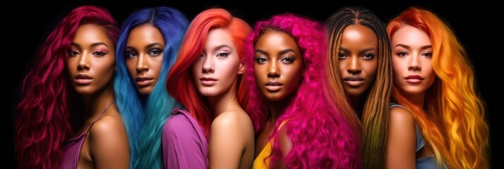 Multiracial young women with colorful hair, Rainbow colors hairstyle, Generative AI