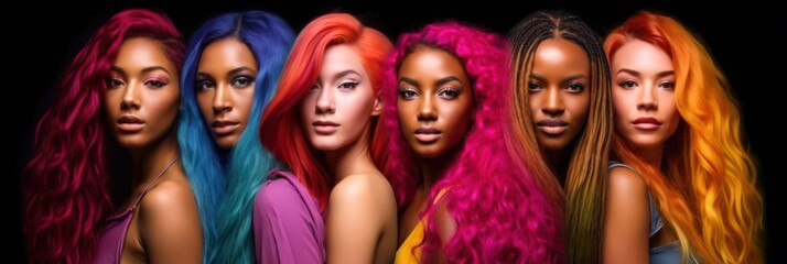 Obraz premium Multiracial young women with colorful hair, Rainbow colors hairstyle, Generative AI