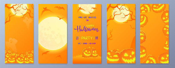Happy Halloween stories template for phone. Business card with pumpkins, bats and moon story. Social media pack vector.