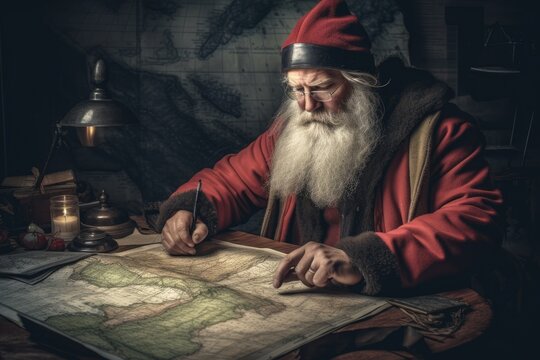 Santa planning his trip around the world - Illustration created with generative ai