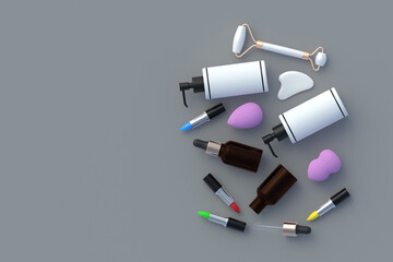 Set of cosmetic accessories on gray background. Beauty and fashion. Cosmetology products. Top view. Copy space. 3d render