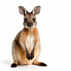 A close up of a kangaroo on a white background. Generative AI. Friendly vallaby.