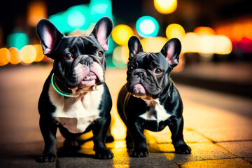 Digital photo of a cute French bulldog walking on the Paris nights street. Generative AI