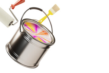 Home improvement tools. Paint bucket, paint roller and brush with extra space for text on the right. Decorating supplies banner with copy space. 3D illustration on a transparent background