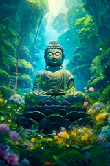 A buddha statue sitting on top of a lush greenery. Generative AI